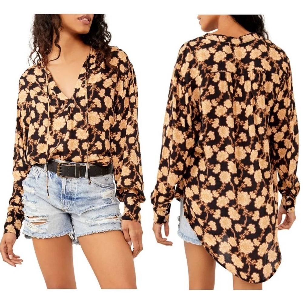 Free People Mia Floral Tunic Top S Peasant Black Brown Boho Festival Oversized - Picture 1 of 13